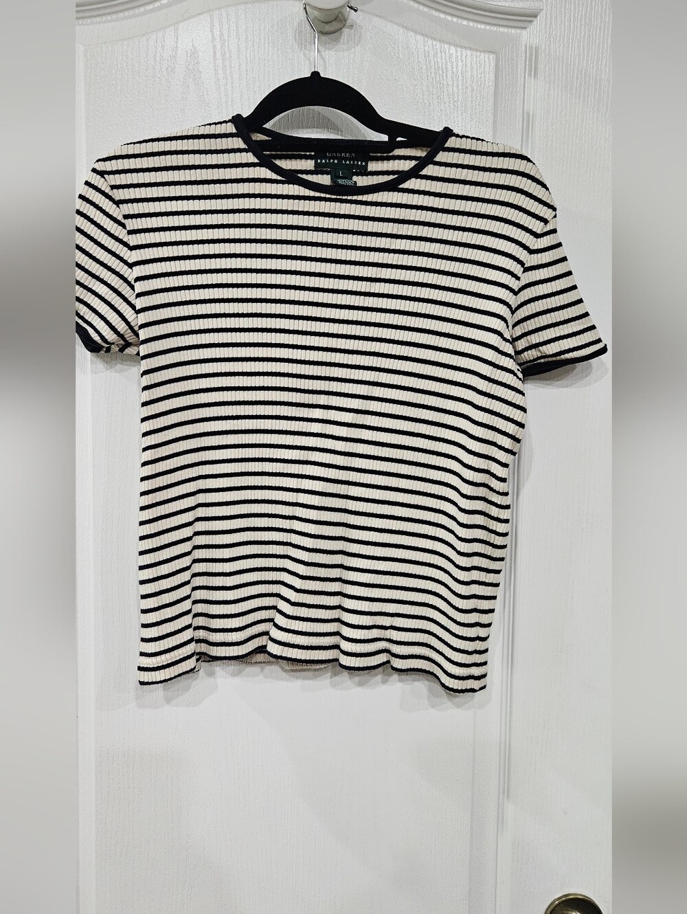 Ralph Lauren Black & Cream Striped Ribbed Tee
